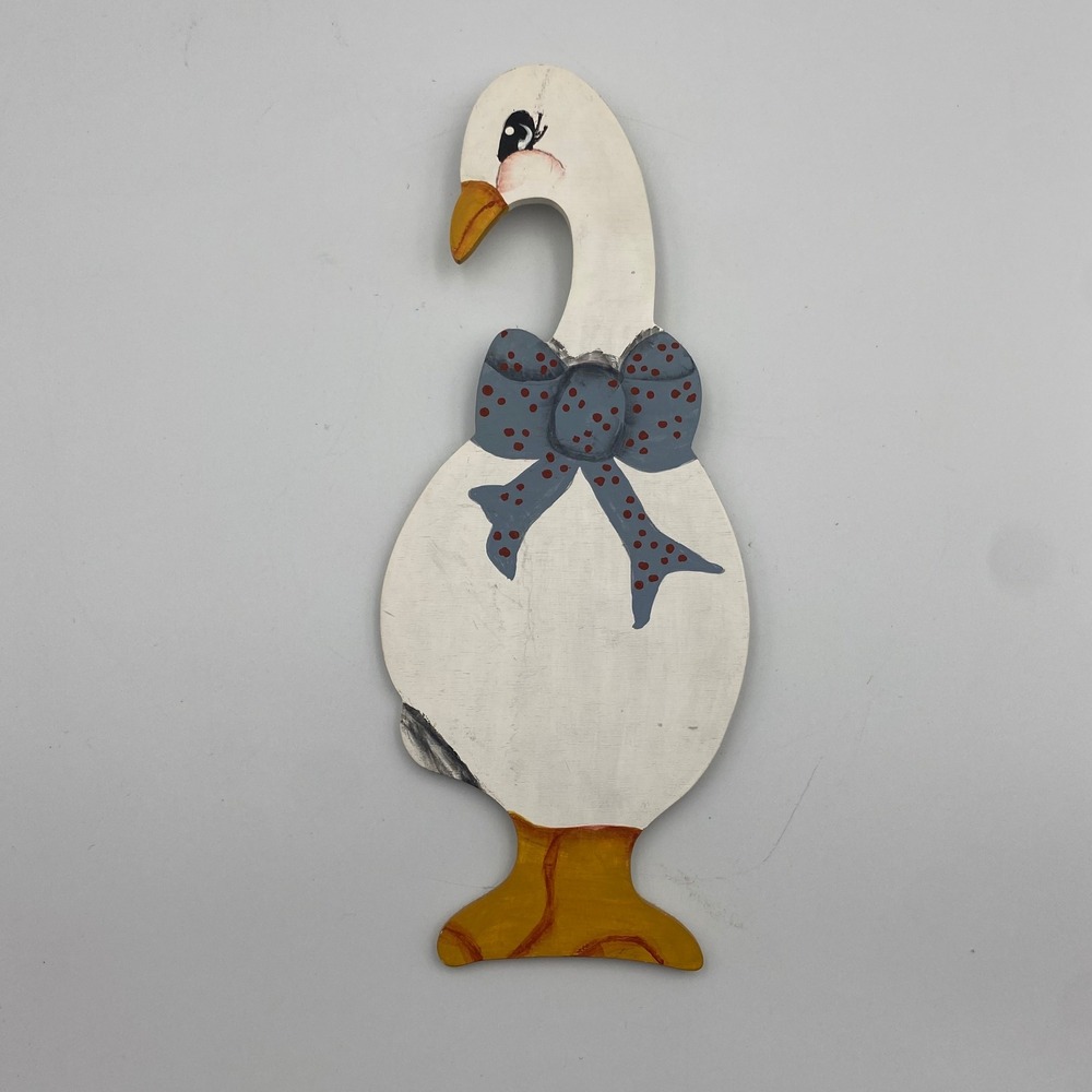 Vintage Hand Painted Wooden Goose Wall Hanging Farmhouse Decor Blue Bow 12 in